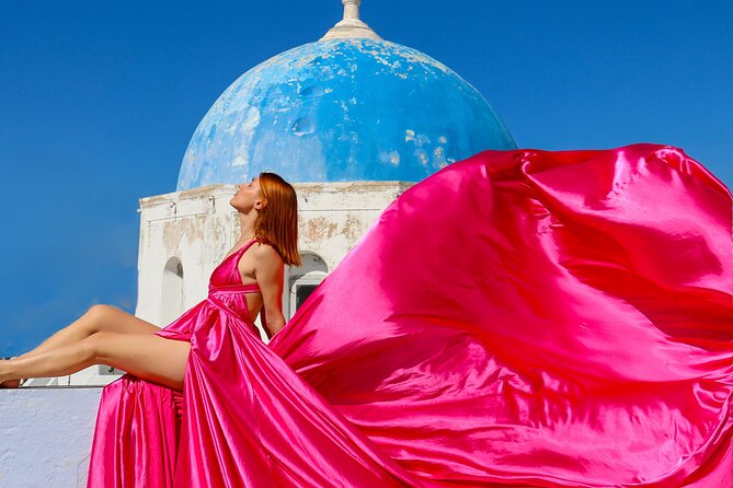 Flying Dress Photoshoot Experience in Santorini with pick up - Choosing Your Dress Color, and Getting Ready in Private