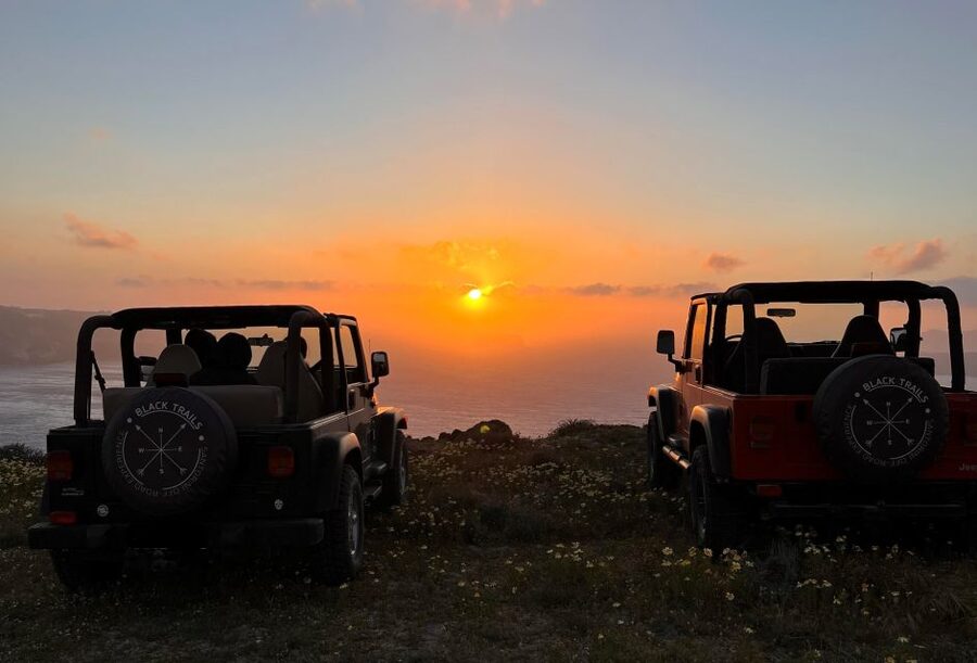 From Fira: Santorini Wrangler Jeep Convoy Tour & Villages - Windmills at Emporio, then Vlychada and Perivolos black sand