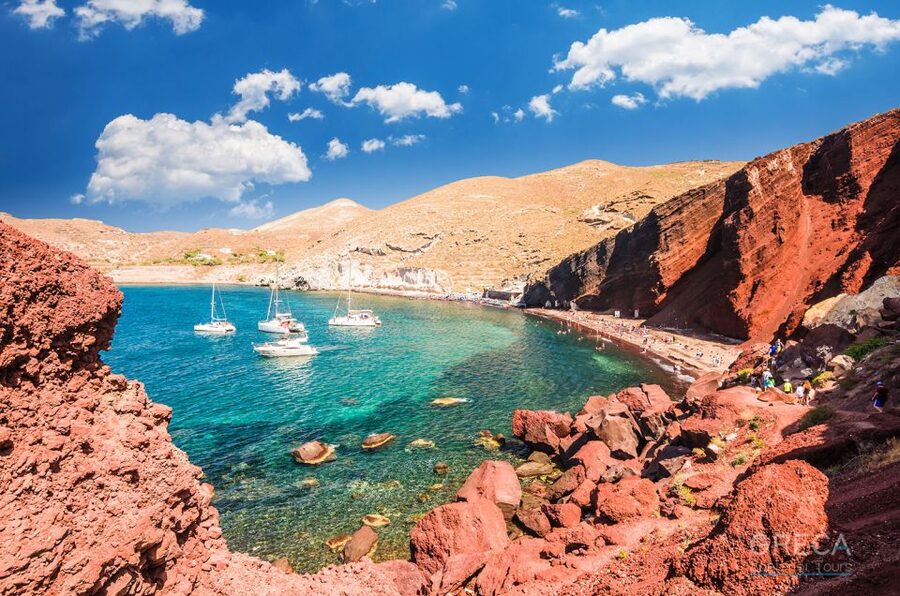 Half-Day Private Experience to Santorini Beach - Red Beach: dramatic cliffs, walking time, and the included drinks