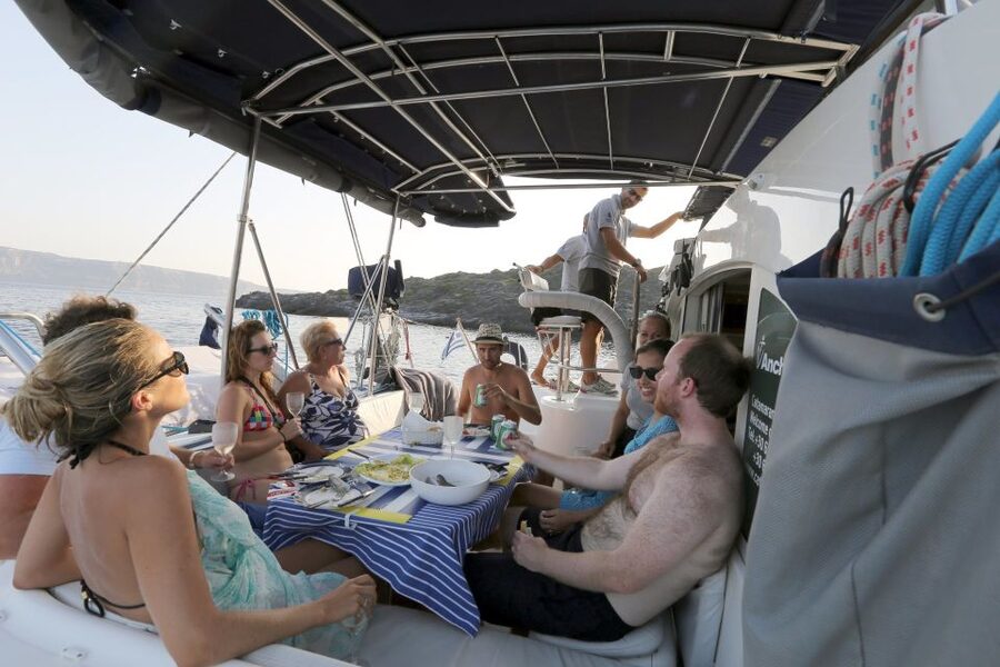 Santorini: 7-Hour Private Catamaran Cruise with Food & Drink - Swimming and snorkeling: where you actually get in the water