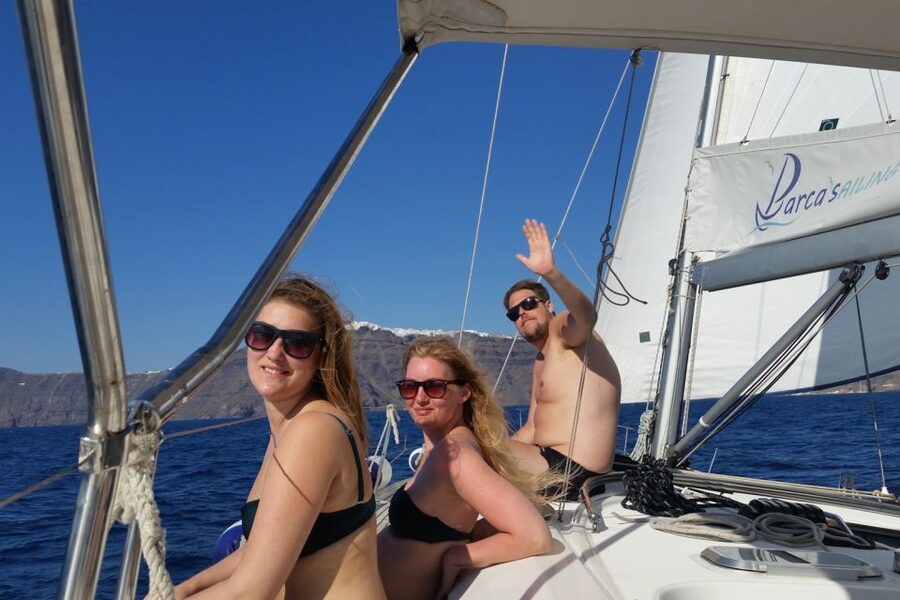 Santorini Caldera: Sunset Sailing Cruise with Meal - Kameni Volcano Area, Hot Springs, and Another Water Stop