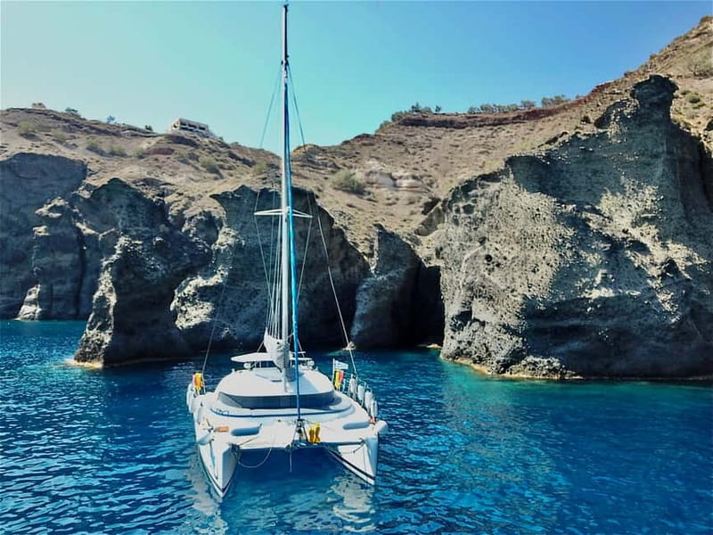 Santorini: Catamaran Cruise with Food and Drinks - Mésa Pigádia snorkeling, then the onboard BBQ buffet lunch