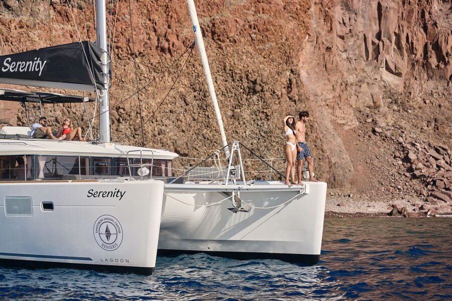 Santorini: Day Luxury Catamaran Cruise with Meal & Drinks - Nea Kameni and the volcanic islets: BBQ and salty-water time