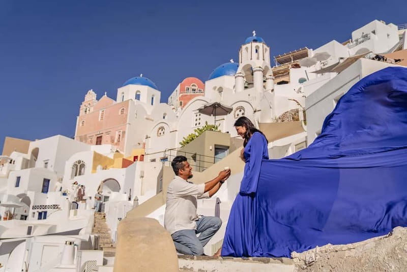 Santorini: Flying Dress Photoshoot Private Entry to Blue Dom - Dresses, “flying” motion, and how the assistant helps