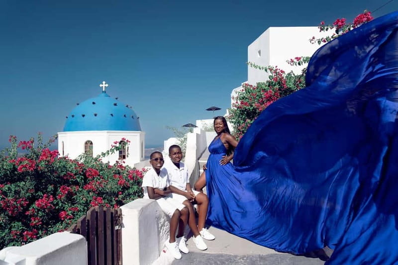 Santorini: Flying Dress Photoshoot Private Entry to Blue Dom - How the photographer directs you (so you don’t overthink)