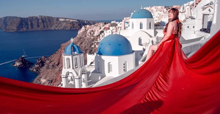 Santorini: Flying Dress Photoshoot Private Entry to Blue Dom - What you receive: 30 color-graded photos, delivery in 7 days, plus videos on request