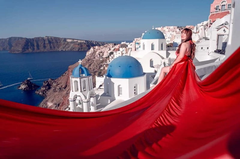 Santorini: Flying Dress Photoshoot Private Entry to Blue Dom - Price and value, what’s included, and what costs extra