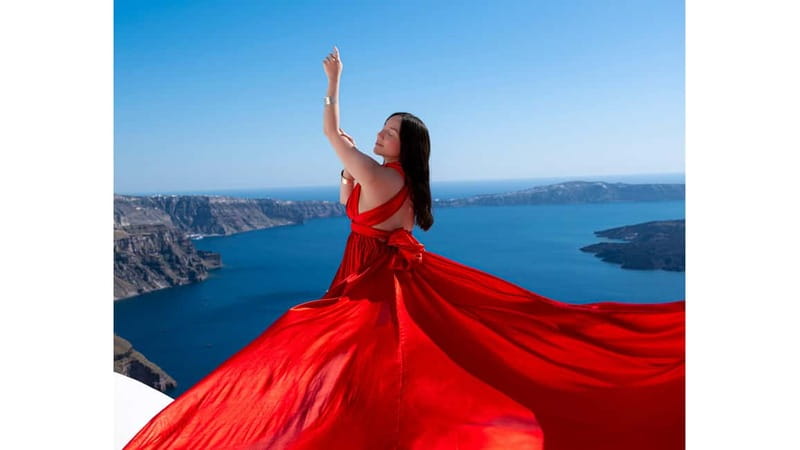 Santorini: Flying Dress Photoshoot with Edited Photos - Why Santorini turns a flying dress into a real photo story