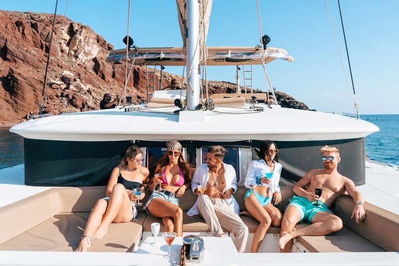 Santorini: Luxury Catamaran Cruise with Lunch, BBQ & Drinks - Mesa Pigadia swim stop: your first big water break