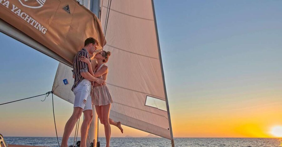 Santorini: Platinum Catamaran Cruise w/ BBQ Meal & Open Bar - Pickup From Imerovigli, Fira, and Thera, Then Straight to the Water