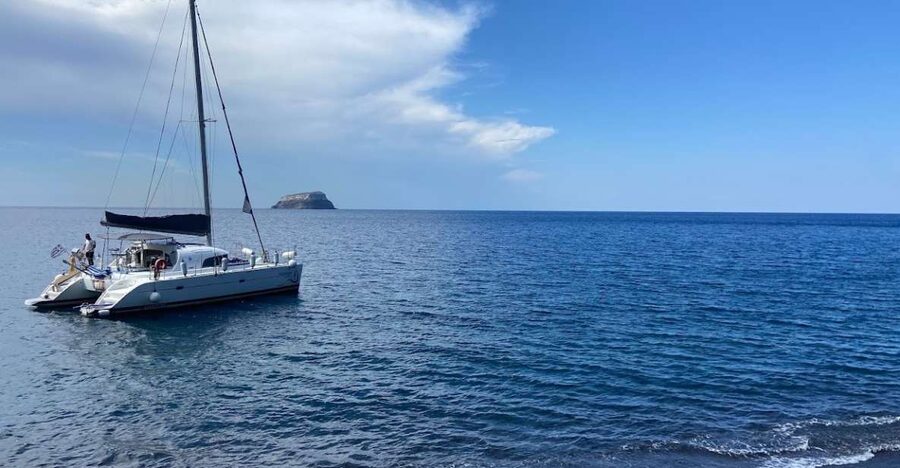 Santorini: Private All-In Catamaran Cruise, with Food|Drinks - Santorini caldera sightseeing that feels personal at sea level