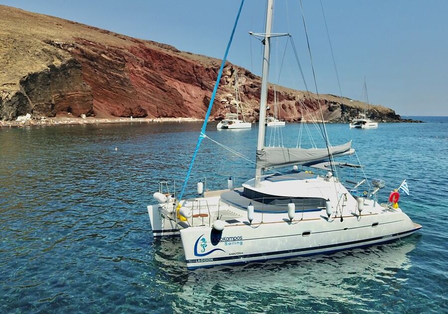 Santorini: Private All-In Catamaran Cruise, with Food|Drinks - Nea Kameni hot springs, snorkeling gear, and real time in volcanic water