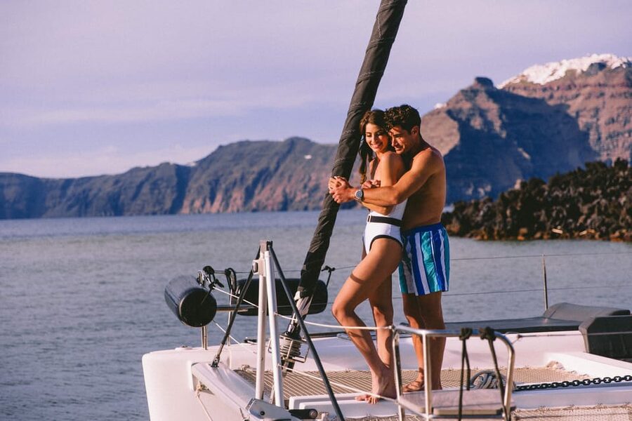 Santorini: Private Catamaran Tour with BBQ Meal and Drinks - Key highlights at a glance