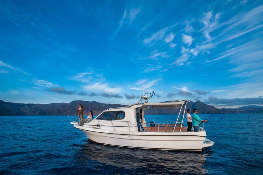 Santorini Private Cruise boat fishing tour - BBQ, Snorkeling - Learning fish and getting help that makes the fishing part fun