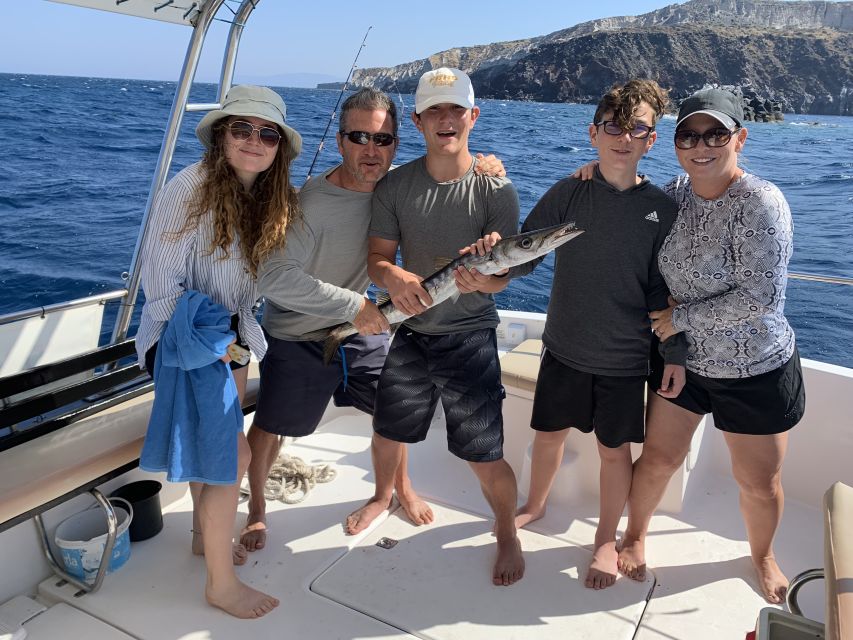 Santorini Private Cruise boat fishing tour - BBQ, Snorkeling - BBQ lunch on your catch, plus Greek comfort food and drinks on tap