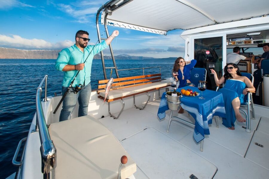 Santorini Private Cruise boat fishing tour - BBQ, Snorkeling - Watching the Oia sunset from the water, and why that viewpoint is different