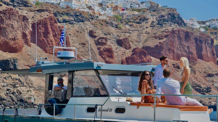 Santorini: Private Diamond 36 Motor Yacht Caldera Cruise - White Beach, Mesa Pigadia, and Red Beach, with snorkeling time that actually matters