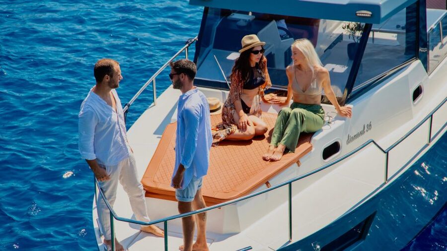 Santorini: Private Diamond 36 Motor Yacht Caldera Cruise - Eating on a yacht, BBQ plus local wine, not just snacks