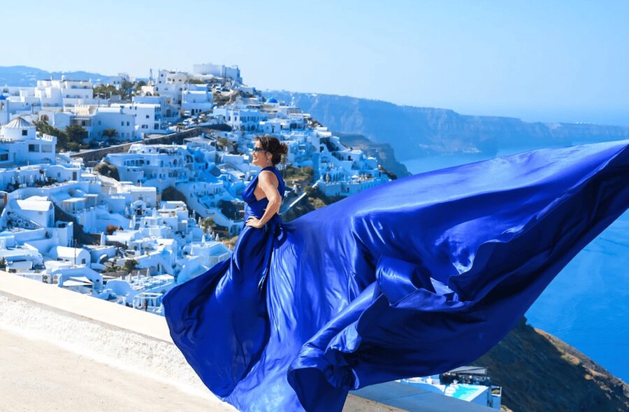 Santorini: Private Flying Dress Photoshoot with Pickup - Stop 2 in Firostefani for caldera angles and variety
