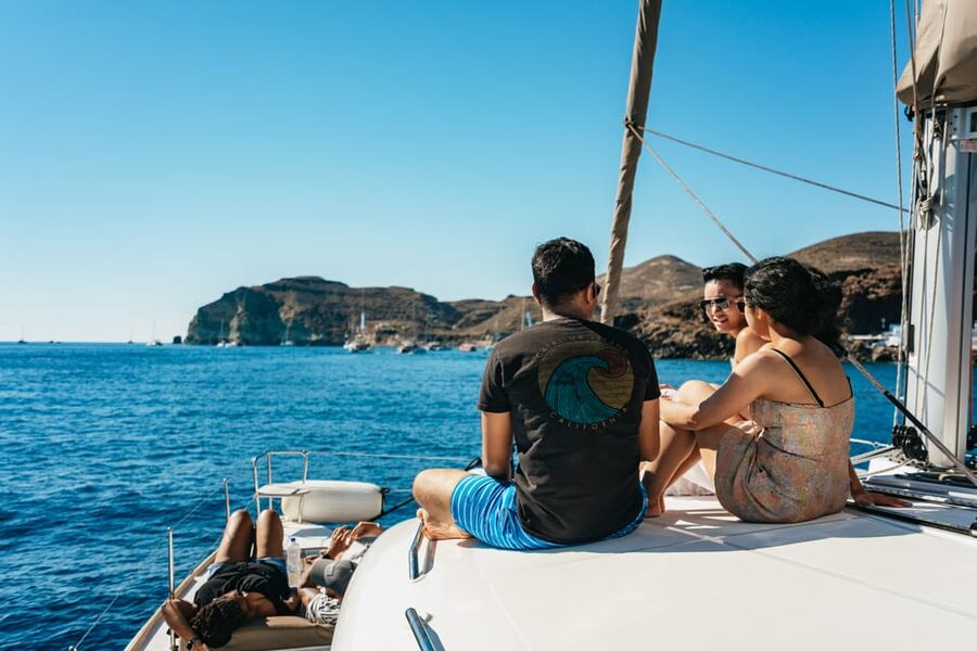 Santorini: Sailing Catamaran Cruise with BBQ and Drinks - White Beach and the Akrotiri Lighthouse break