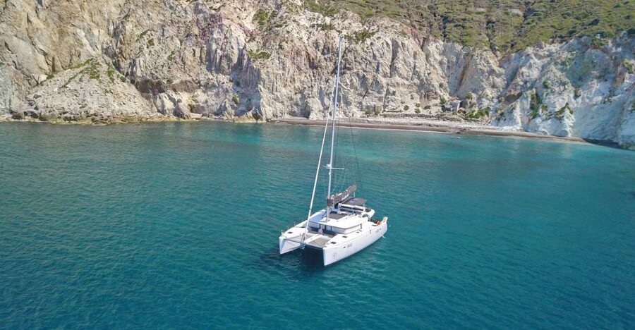 Santorini: Southern Island Luxury Catamaran Cruise with Meal - Akrotiri Lighthouse, Old Harbor Head-Back, and the Big Sunset or Morning Sail
