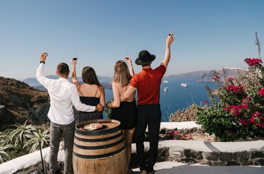 Santorini: Wine Tasting Tour to 3 Wineries with Transfer - Venetsanos Winery and the caldera views that frame the tasting