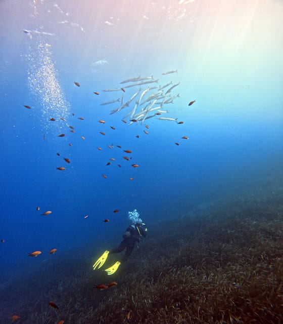 Scuba Diving in the Volcanic Caldera/shorelines of Santorini - On the water: the short speedboat ride and the guided tone